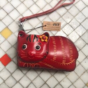 Red Cat Leather Wristlet